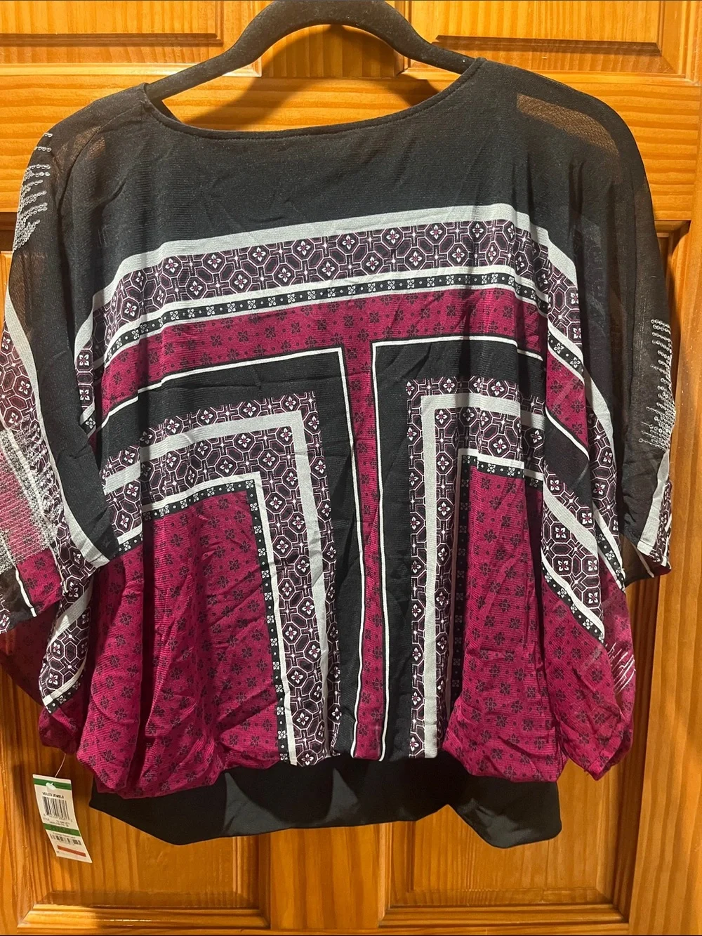 Alfani Black and Wine Geometric Blouson Top